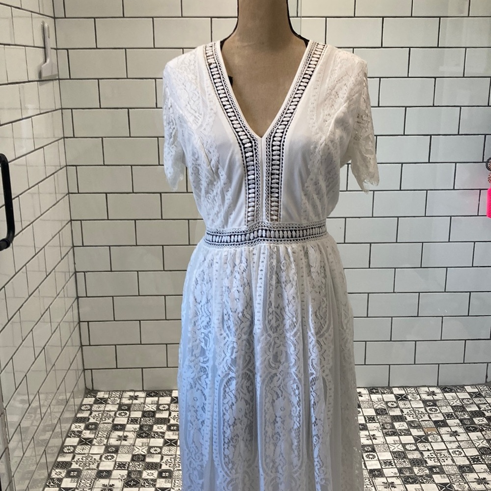 Boho Women's V Neck Floral Lace Wedding Dress Short Sleeve